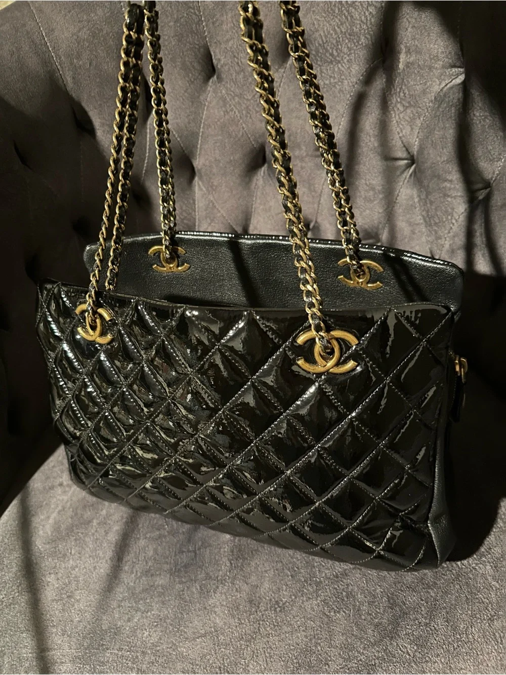 CHANEL Salzburg Quilted Patent Leather Shoulder Bag with Gold Chain Hardware